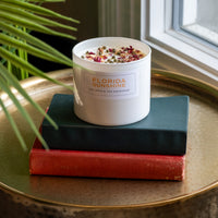 The Florida Sunshine Candle, a white citrus soy candle topped with dried flowers, rests on a black and a red book atop a round gold table by the window with green plant leaves nearby.