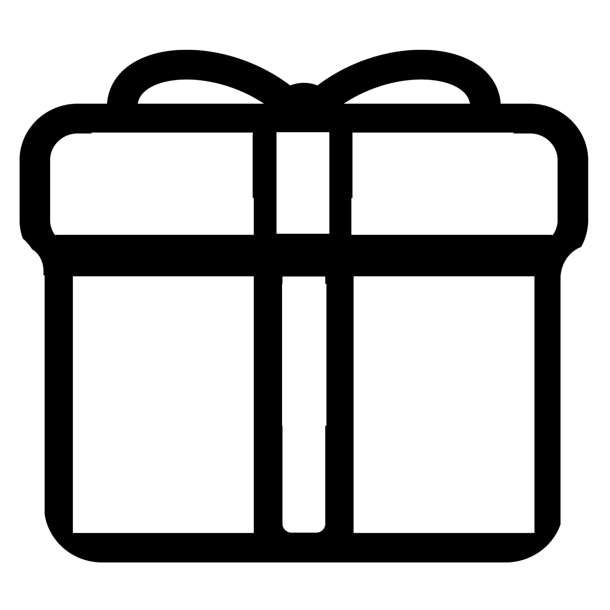 Black outline of a gift box with a bow on a white background