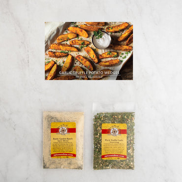 Garlic Truffle Potato Wedges recipe card and bags of Rustic Garden Ranch Spice Blend and Black Truffle Garlic Seasoning