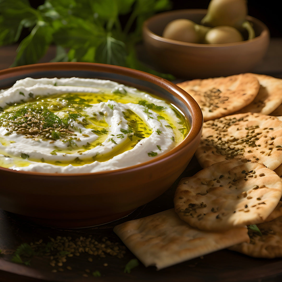 A brown ceramic bowl filled with thick white dip or hummus, topped with drizzled olive oil and chopped green herbs, surrounded by flatbread and pita crackers on a dark table. A small bowl of olives and greenery appears blurred in the background.