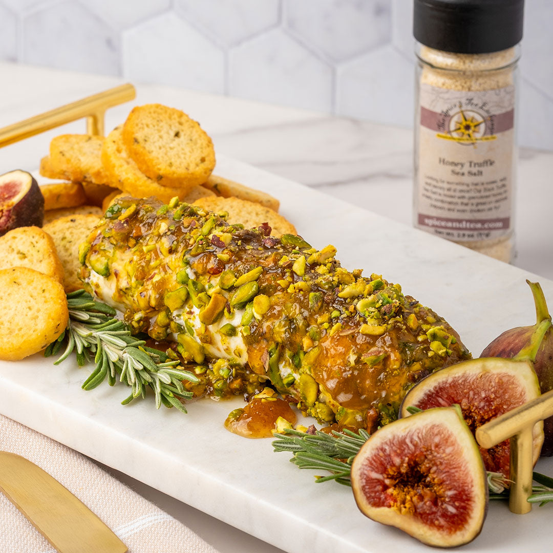 Honey Truffle Sea Salt  next to cheese log