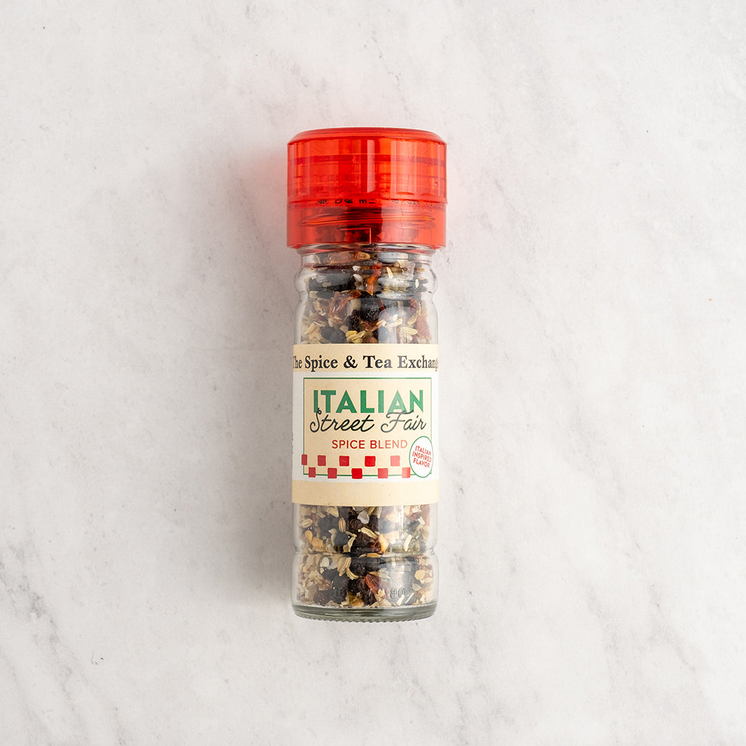 Spice blend bottle labeled 'Italian Street Fair' on a light gray background