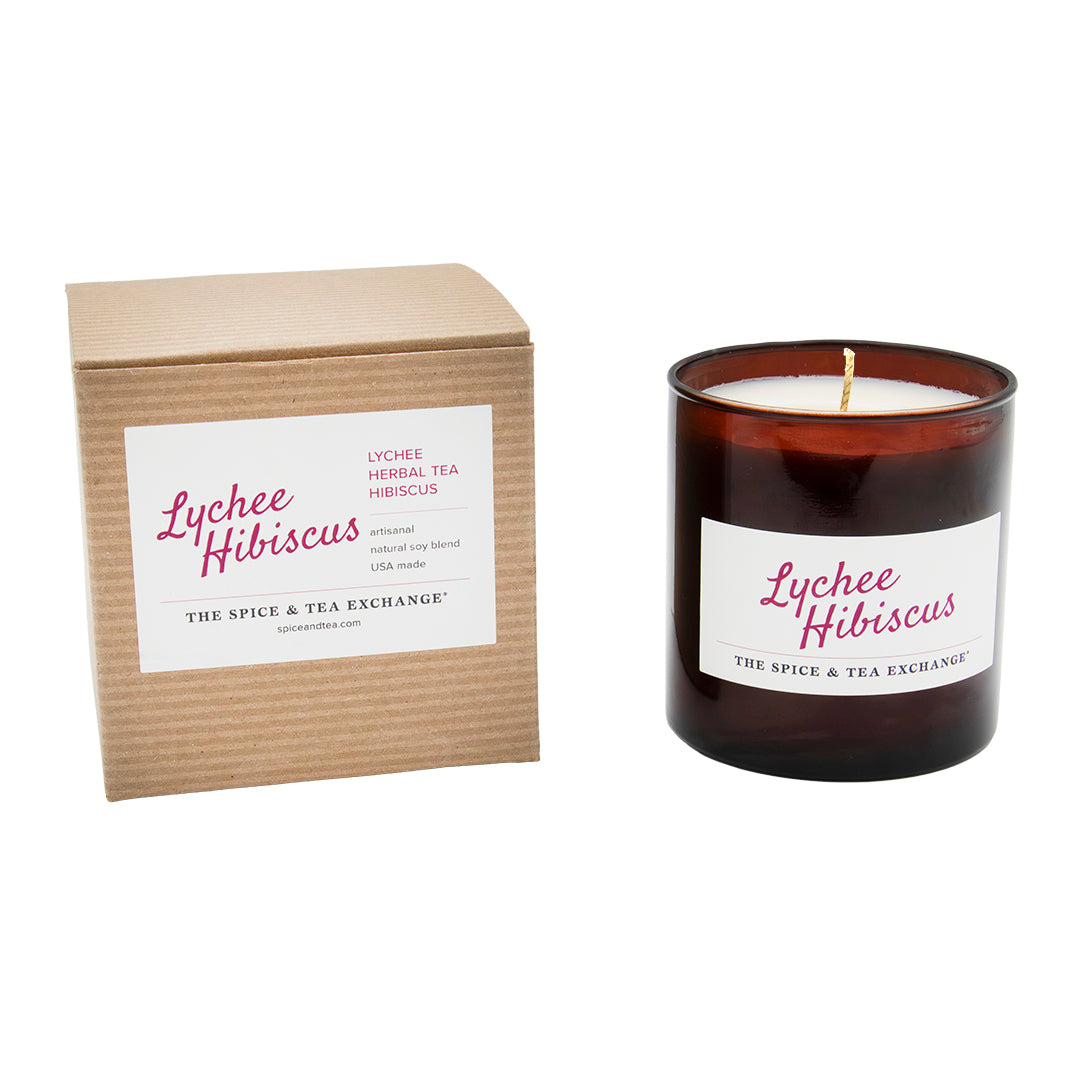 Lychee Hibiscus Candle next to box