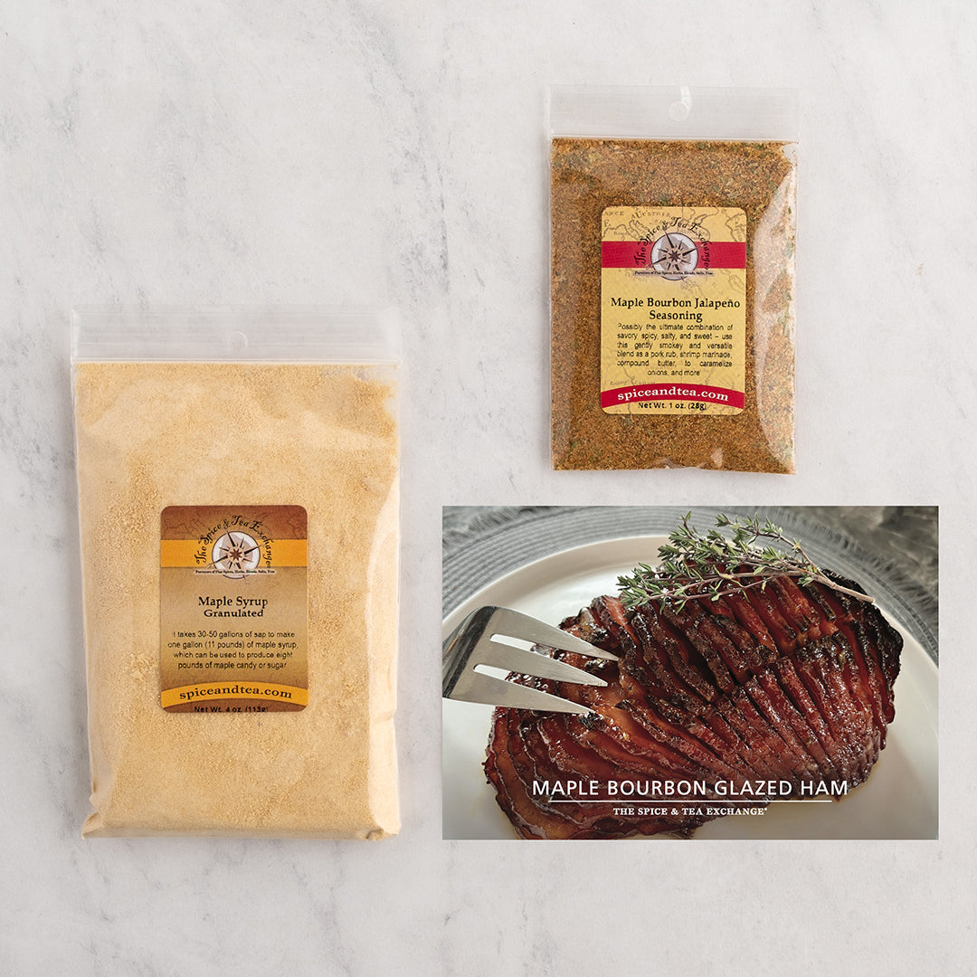 Maple Bourbon Glazed Ham recipe card next to kit contents
