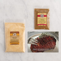 Maple Bourbon Glazed Ham recipe card next to kit contents