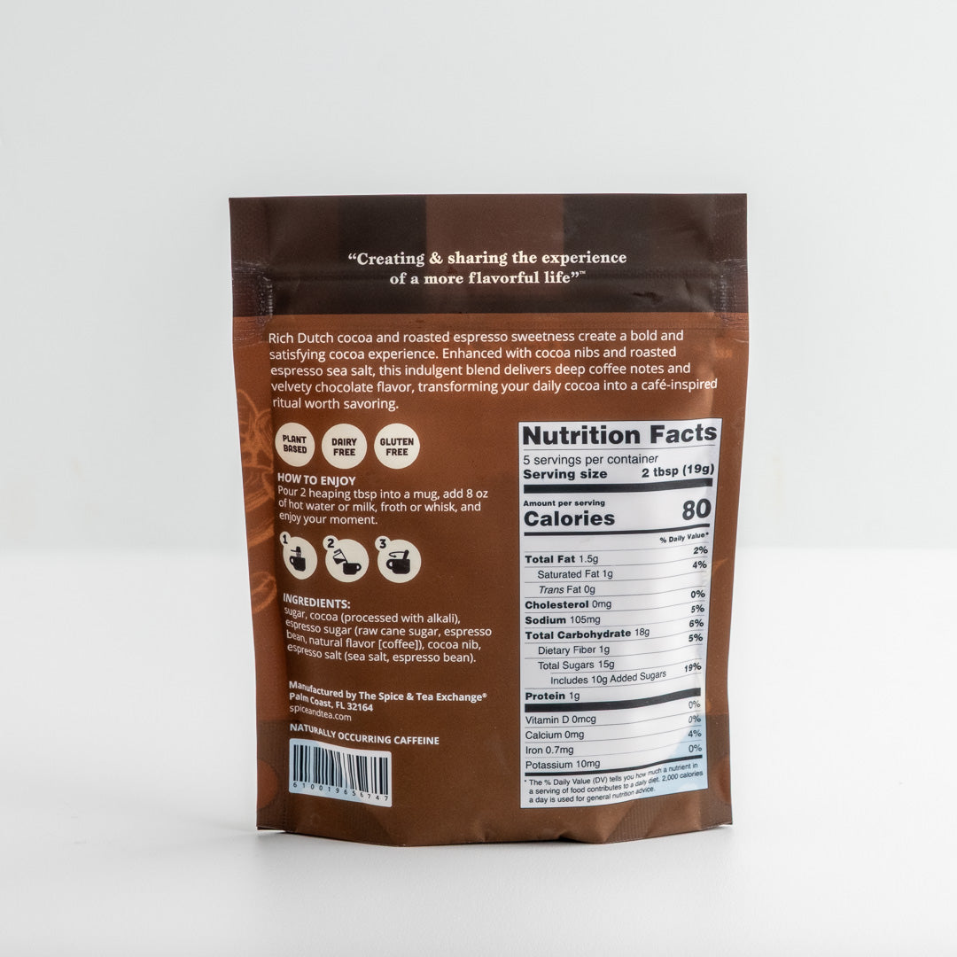 The back of the Mocha Cocoa Pouch, showing the nutrition facts panel, ingredients, and how-to icons on a light gray background.