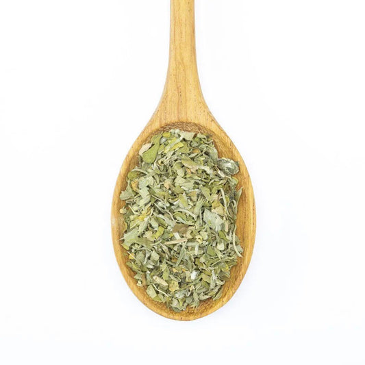 A wooden spoon filled with Organic Catnip is displayed on a white background.