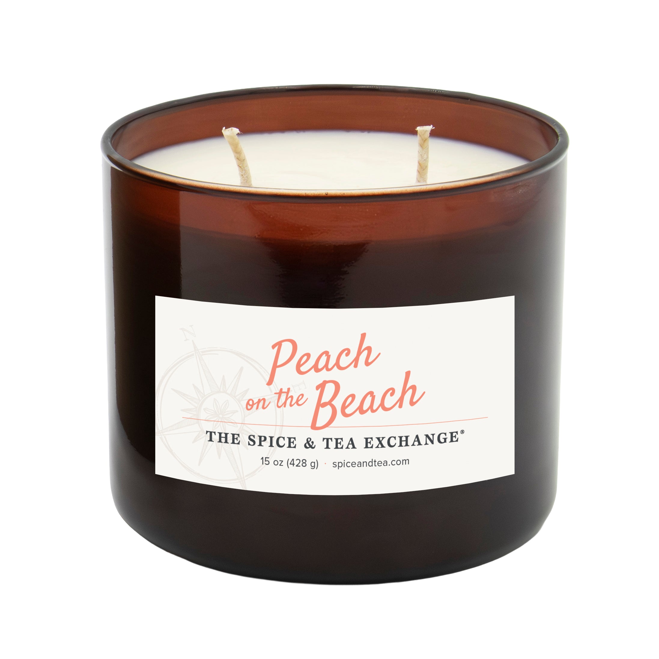 Candle with 'Peach on the Beach' label from The Spice & Tea Exchange on a white background
