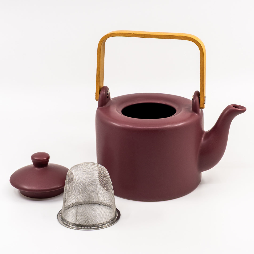 Plum Teapot open with infuser and lid