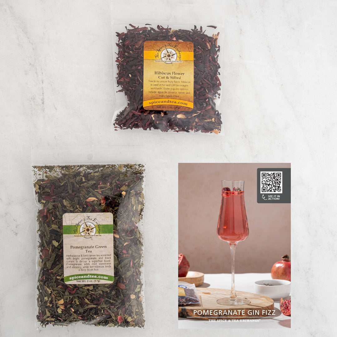 Pomegranate Gin Fizz recipe card and baggies: Pomegranate Green Tea, Hibiscus Flower - Cut & Sifterd