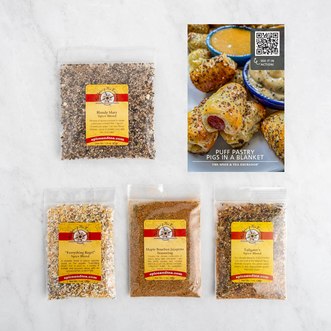 Puff Pastry Pigs in a Blanket w. Dipping Sauces recipe card and baggies: Bloody Mary Spice Blend, Everything Bagel Spice Blend, Maple Bourbon Jalapeno Seasoning, Tailgater's Spice Blend