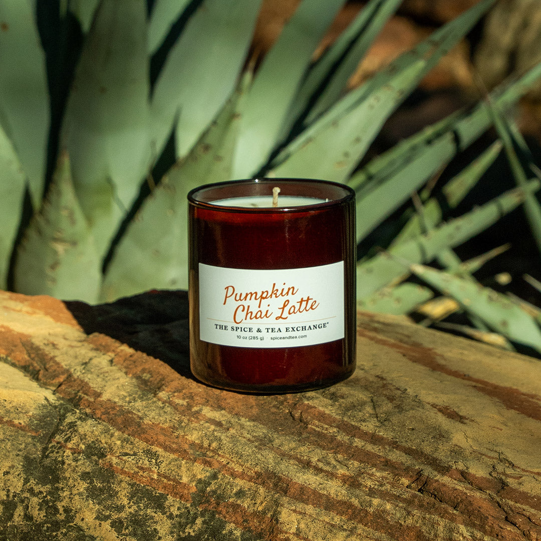 A candle in a dark amber glass jar sits on a textured stone surface outdoors, with agave leaves blurred in the background. The front label reads 'Pumpkin Chai Latte' and 'THE SPICE & TEA EXCHANGE'.