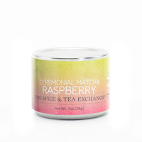 Ceremonial Matcha Raspberry container with a colorful label on a white background