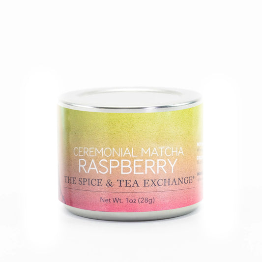 Ceremonial Matcha Raspberry container with a colorful label on a white background