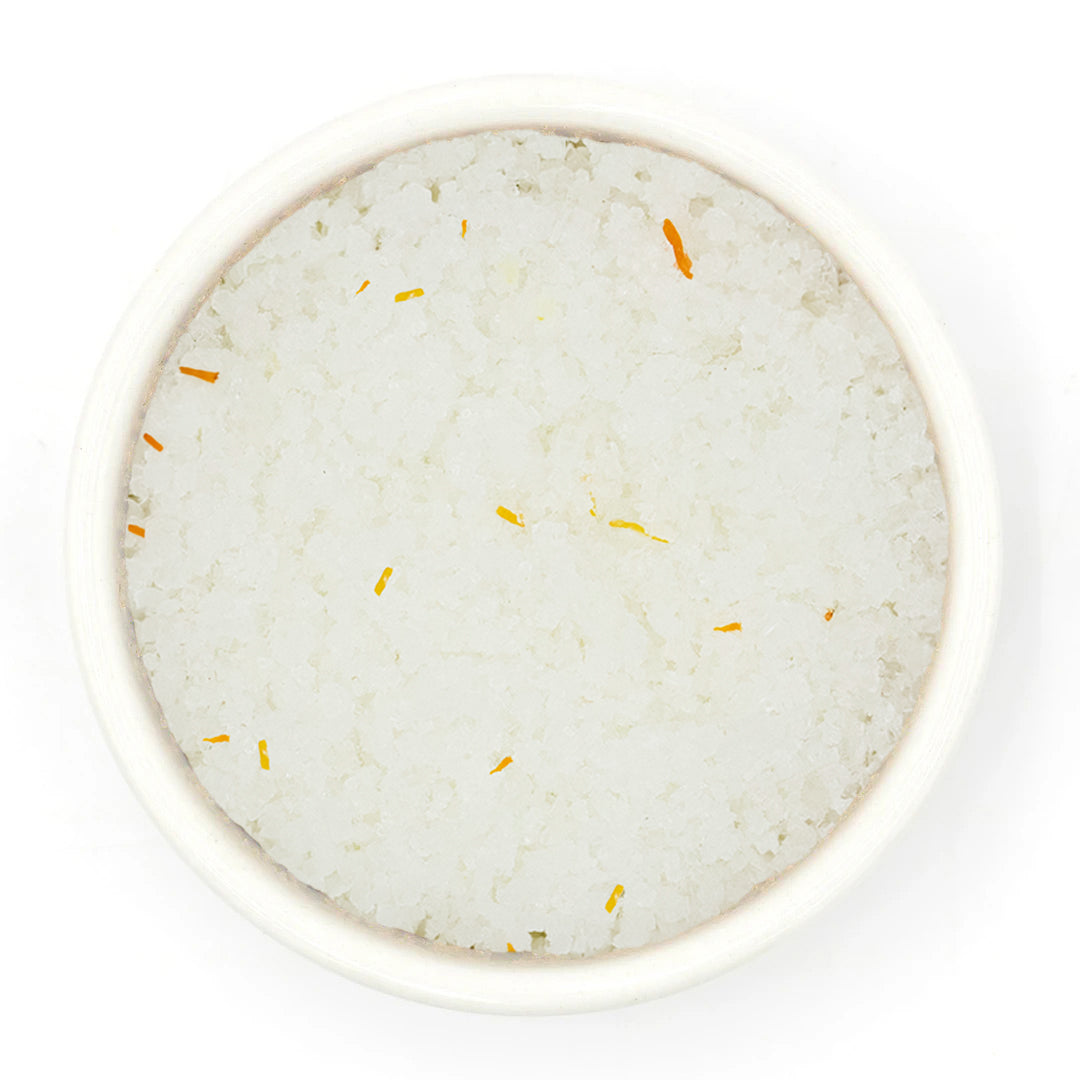 Saffron Fleur De Sel Sea Salt in a white bowl