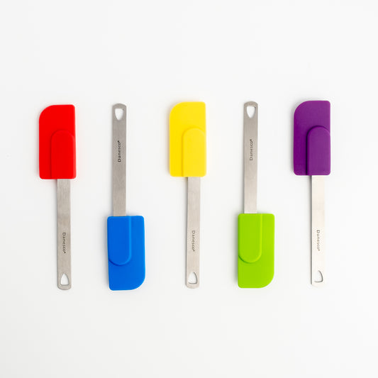 Five Mini Spatulas with stainless steel handles and small silicone heads in red, blue, yellow, green, and purple are arranged vertically on a white background—ideal for any kitchen.