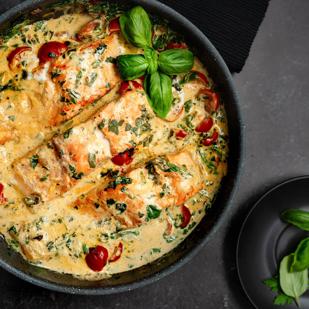 Skillet Salmon with Tomato Basil Cream Sauce