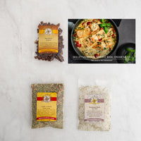 Skillet Salmon with Tomato Basil Cream Sauce recipe card and baggies: Sun-dried Tomato, Garlic n Herb Seasoning, Rosemary Basil Sea Salt