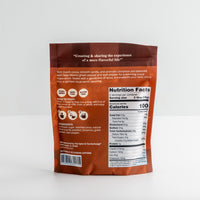 The back of the Spiced Cocoa Pouch, showing the nutrition facts panel, ingredients, and how-to icons on a light gray background.