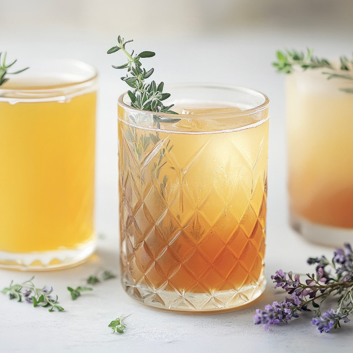 A clear diamond-cut tumbler glass filled with an amber-orange beverage, garnished with a sprig of fresh herb, set on a light surface with two matching glasses blurred in the background.