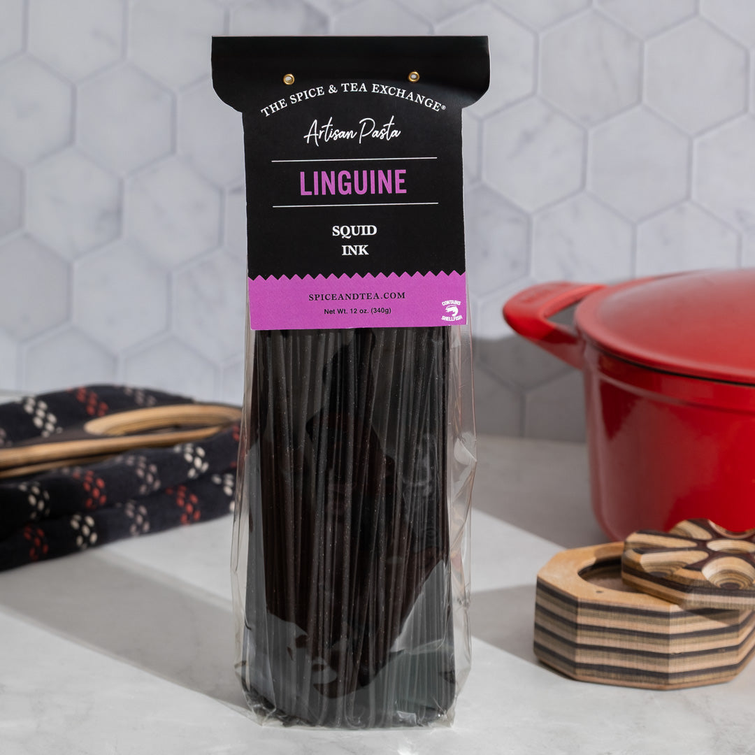 Squid Ink Linguine on counter