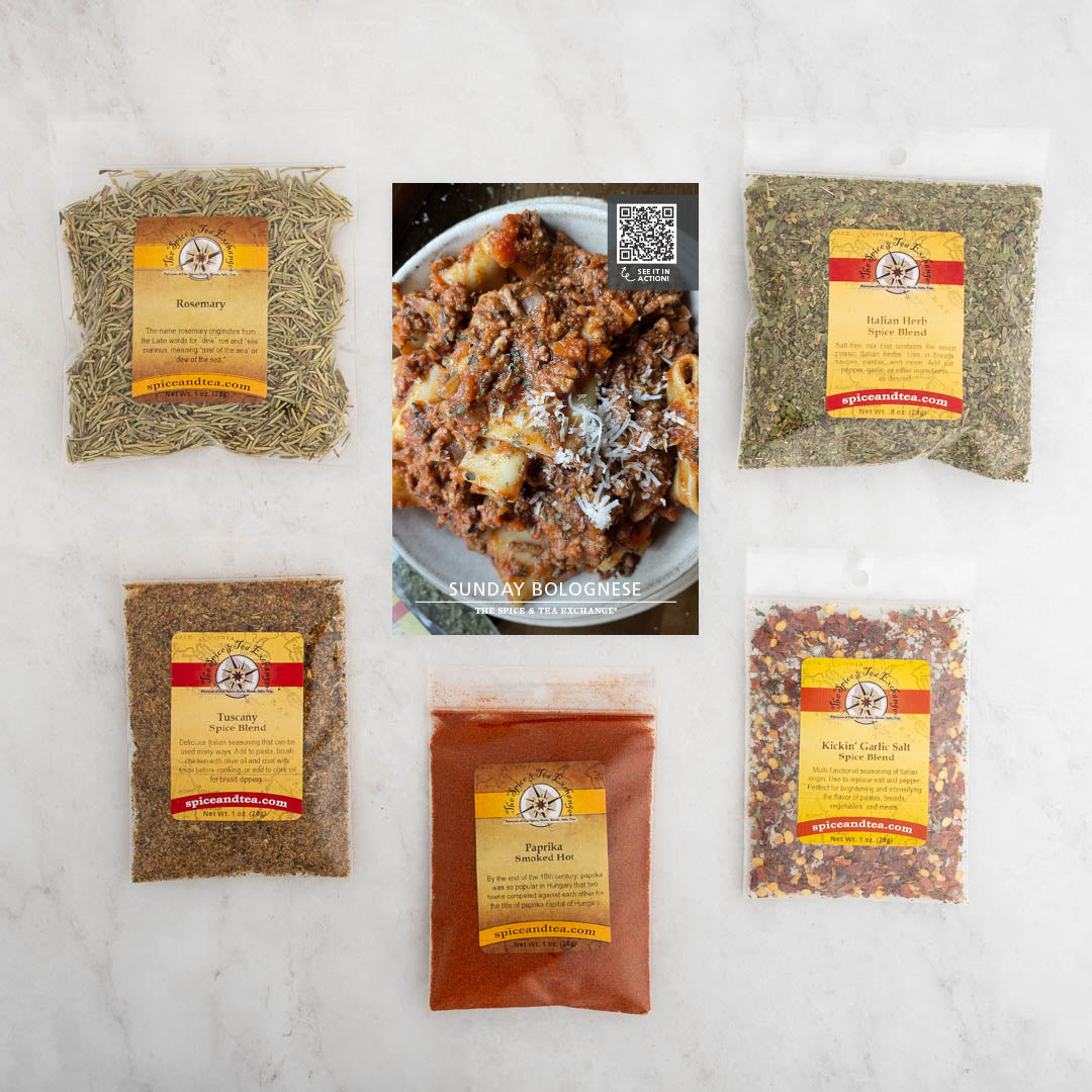 Sunday Bolognese recipe card and baggies: Rosemary Italian Herbal Spice Blend, Tuscany Spice Blend, Paprika Smoked Hot, Kickin Garlic Salt Spice Blend