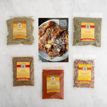Sunday Bolognese recipe card and baggies: Rosemary Italian Herbal Spice Blend, Tuscany Spice Blend, Paprika Smoked Hot, Kickin Garlic Salt Spice Blend
