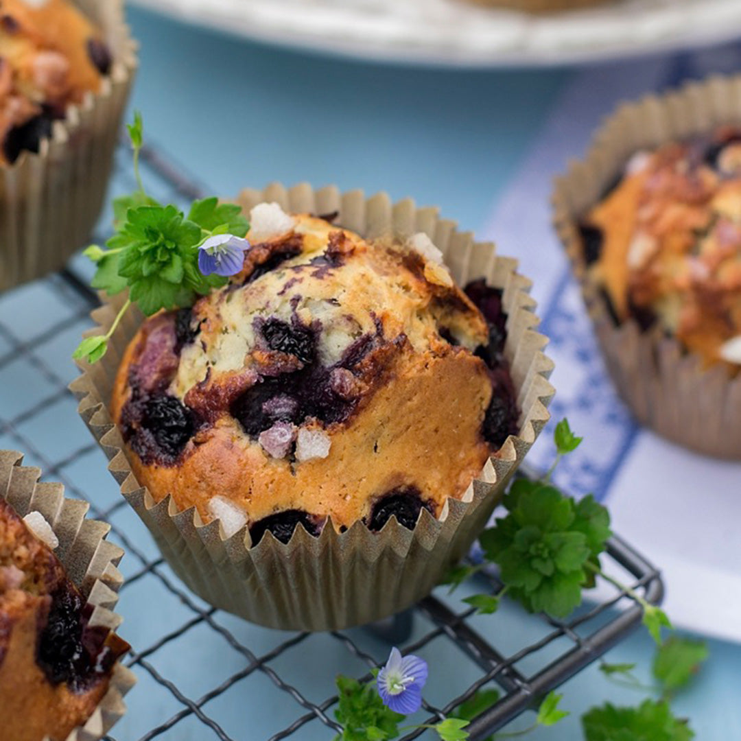 Blueberry muffin with a sprig of mint on a cooling rack