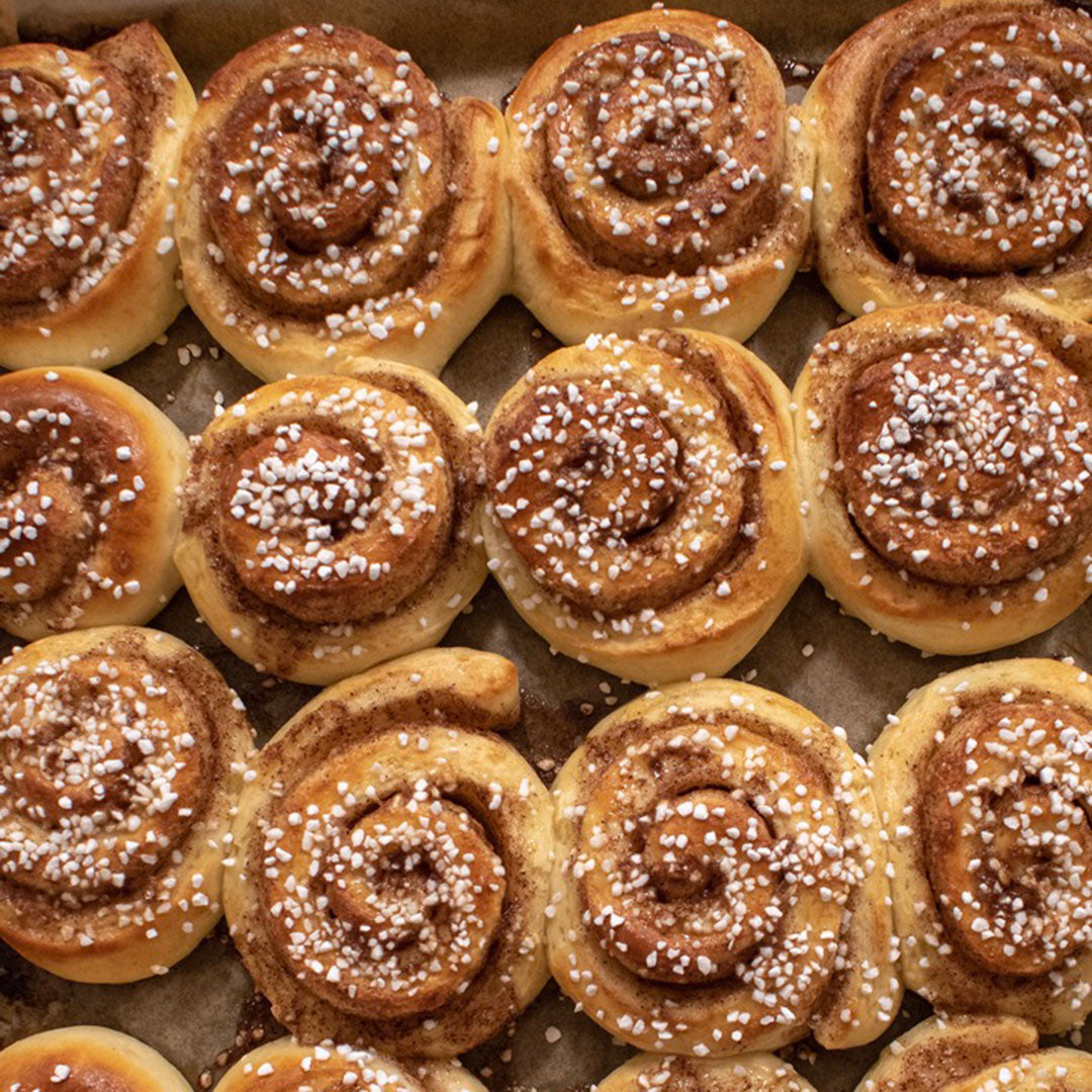 Row of cinnamon rolls with powdered sugar on a baking sheet