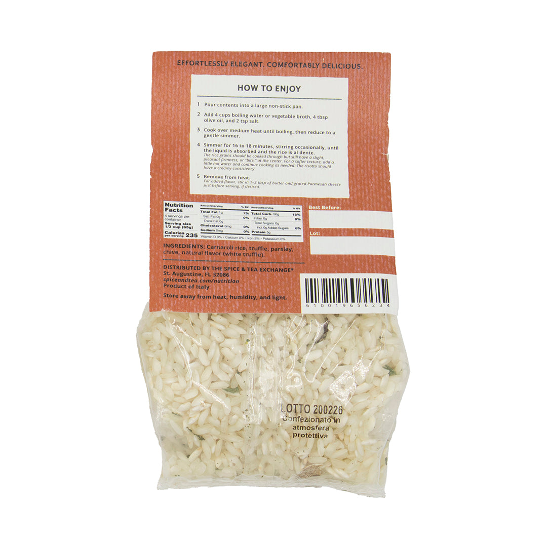 Truffle risotto package from The Spice & Tea Exchange on a white background - back side