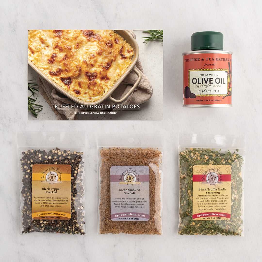 Truffled Au Gratin Potatoes recipe card and ingredients next to it