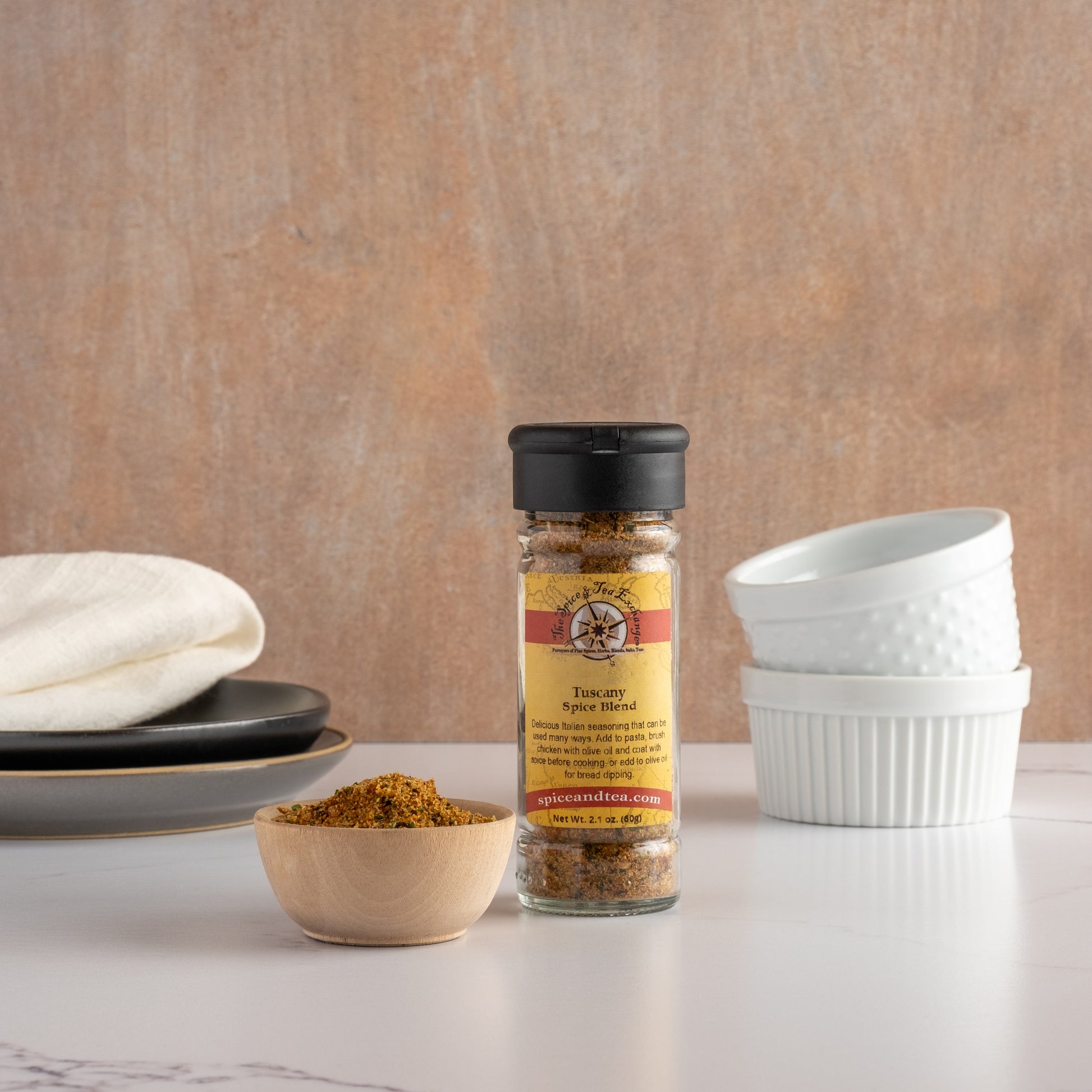 Tuscany Spice Blend is perfect for Italian seasoning—add bold flavor to pasta or use as a savory bread dipping blend. Comes in a spice bottle and bowl of seasoning.