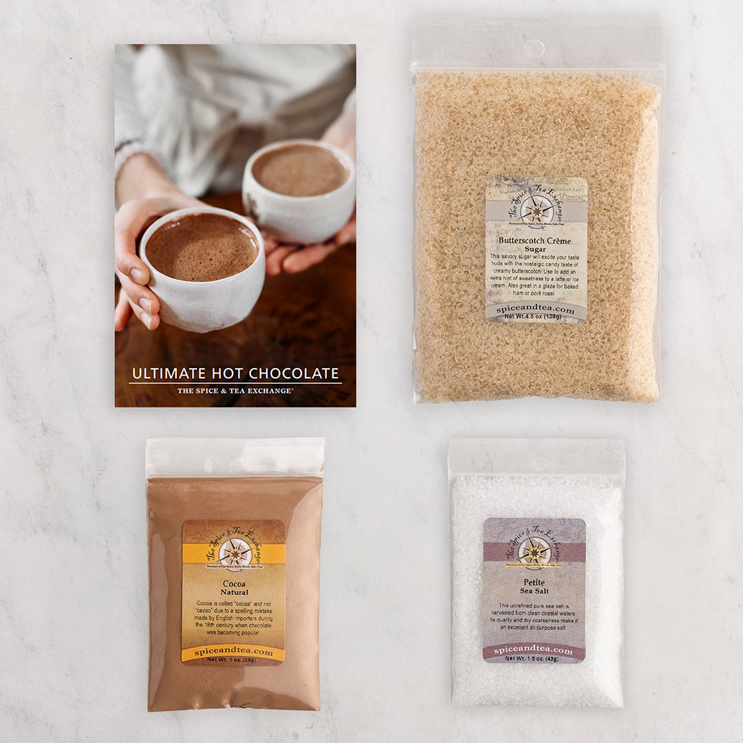 Ultimate Hot Chocolate recipe card with bags of product