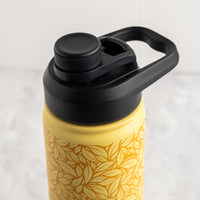 Yellow water bottle with black lid and handle on a light gray background