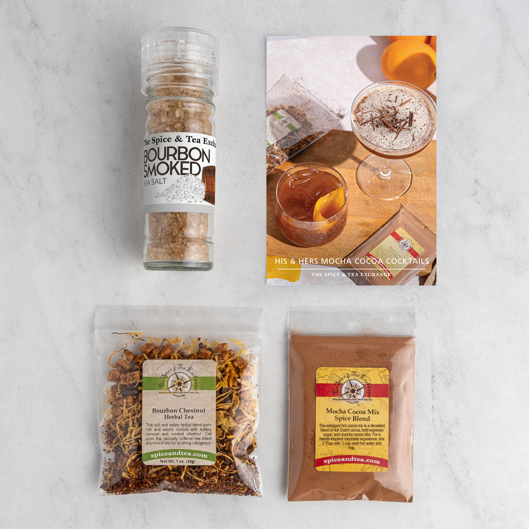 His & Hers Mocha Cocoa Cocktails recipe cards and baggies: Bourbon Chestnut Herbal Tea and Mocha Cocoa Mix. Grinder of Bourbon Smoked Sea Salt.