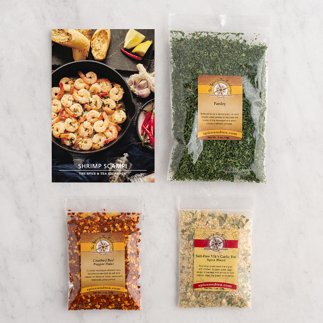 Shrimp Scampi (Kit) recipe card next to baggies of kit contents